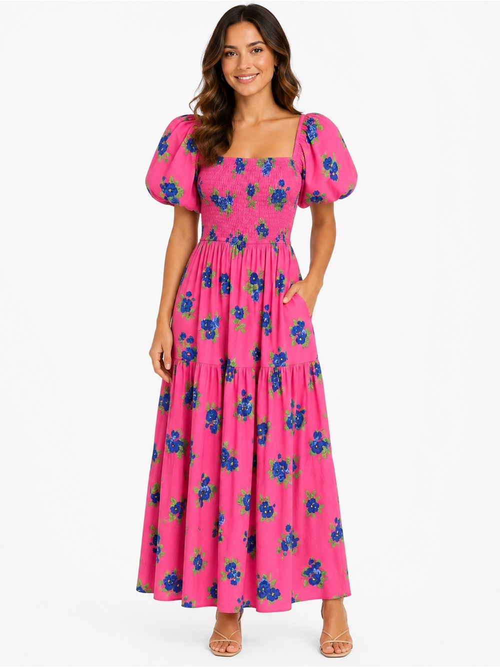 NWOT Moon River Hot Pink Floral Smocked Maxi Dress with Puff Sleeves